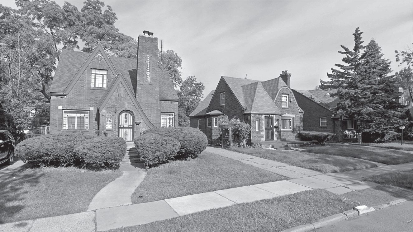 Figure 8.3: Photograph of houses along a street in Detroit’s Crary–St. Mary’s neighborhood showing an attractive streetscape with solid brick homes.