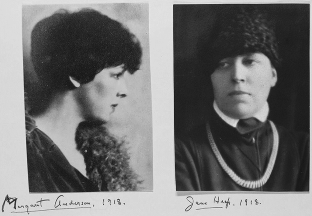 Figure 3. Left: Margaret Anderson, in profile, facing right with a stern expression. Anderson has short, thick hair and wears a velvety garment with feathery trim. Right: Jane Heap, turned slightly to the right, gazes somberly over her left shoulder. She wears a collared shirt and a thick chain necklace.
