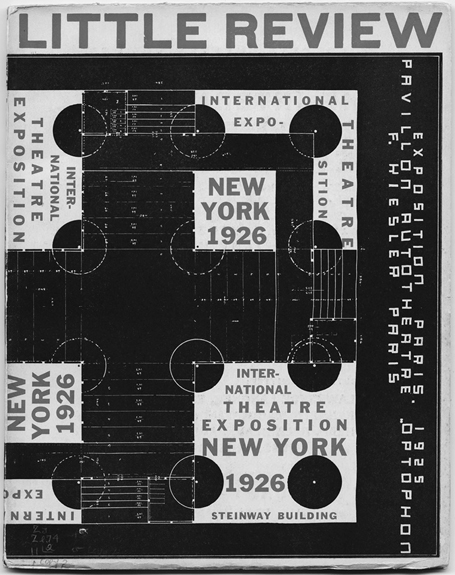Figure 19. “Little Review” is printed in red across the top of the page. Below this is an architectural plan in black and white. Interspersed throughout the plan, are sections of vertical and horizontal red text that repeat various parts of a whole text, which reads: “International Theatre Exposition, New York 1926, Steinway Building.” Printed on the right of the page is “Exposition Paris, 1925. Pavillion Autotheatre Optophon F. Hiesler Paris.”