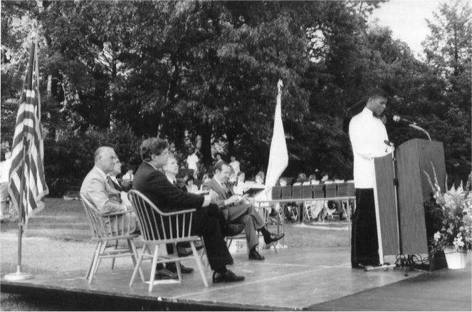 Figure 14 / Nigel delivering the senior oration at Weston High School graduation, June 1987