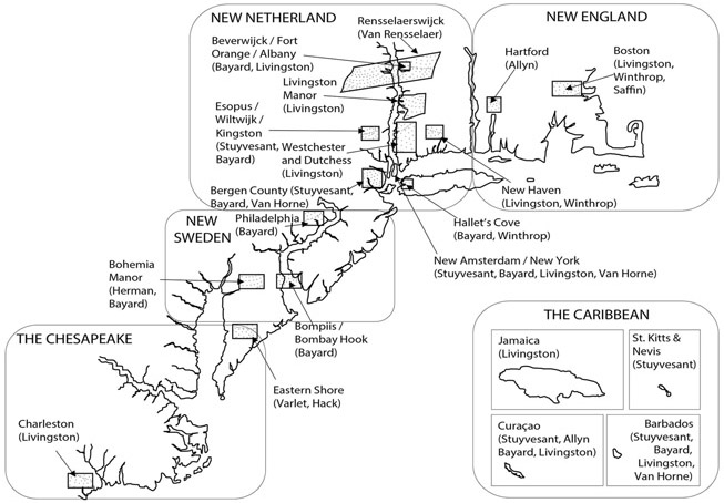 Figure 6. A map showing the Eastern Seaboard of North America, including rough borders of New Netherland, New England, New Sweden, the Chesapeake, and to the lower right side, an encircled breakout labeled the Caribbean, including four black bordered boxes with labels, names, and islands included.