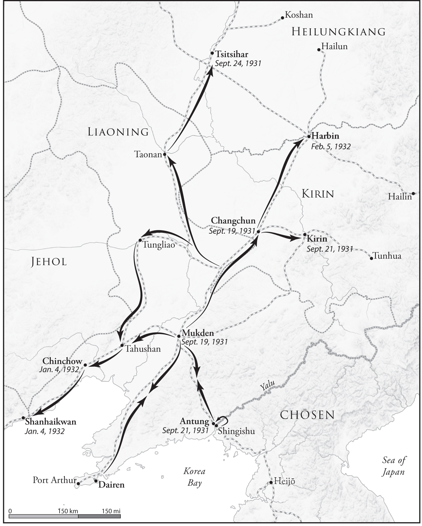 This image is a map illustrating key locations in Japans conquest of Manchuria.
