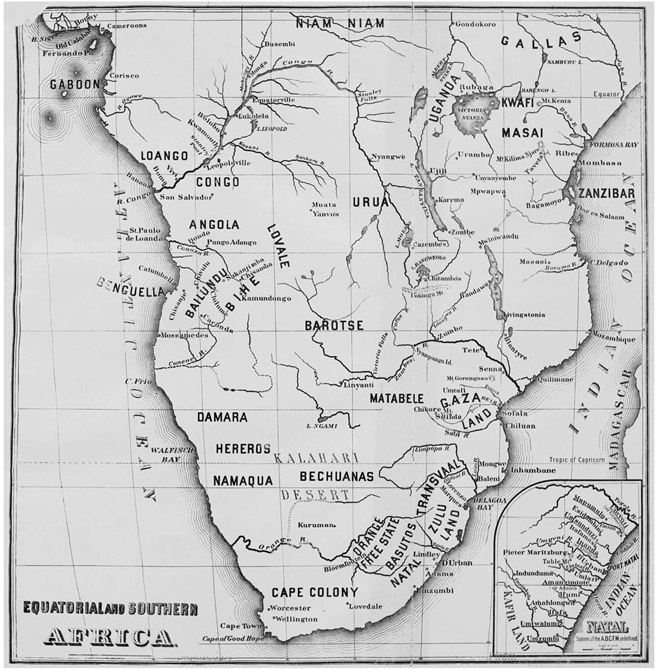 Figure 10.1. This 1898 map of equatorial and southern Africa shows minimal detail outside of the course of the rivers.