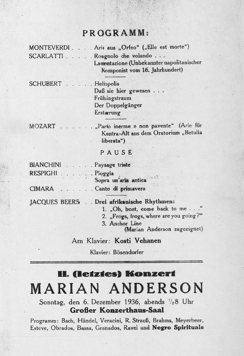 A sheet of paper with text listing different musical works and an advertisement for the next concert featuring singer Marian Anderson.