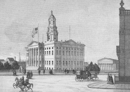 Figure 2.4. Brooklyn’s new City Hall, with its tall, cupola-topped tower and classical columns, sits isolated from other buildings amid pedestrians and carriages. In the background is the Greek Revival building of the Dutch Reformed Church.