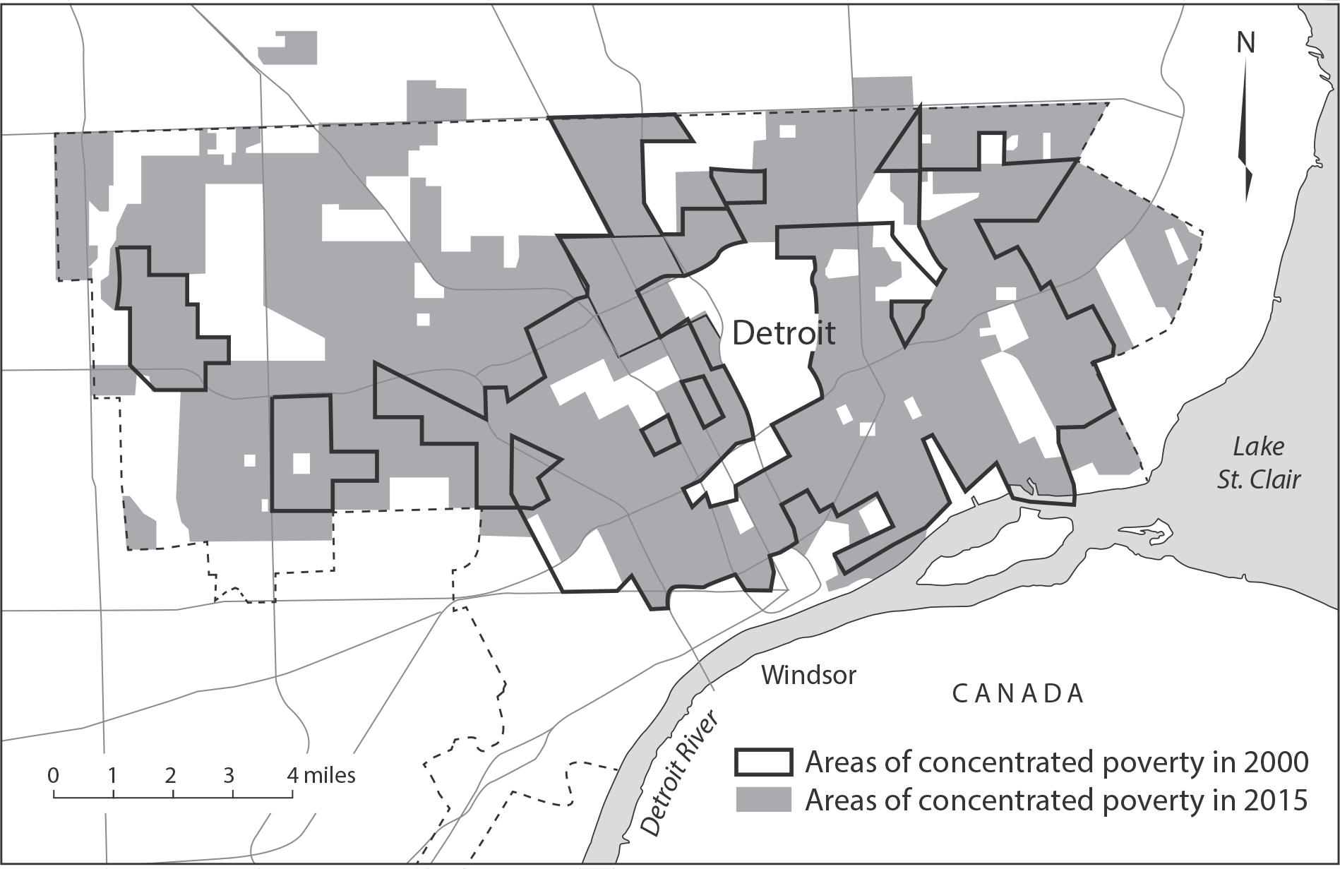 Figure 12.2: Map showing majority-Black areas in Detroit with a 30 percent or higher poverty rate in 2000 and 2015, showing how greatly concentrated poverty areas expanded during that period.
