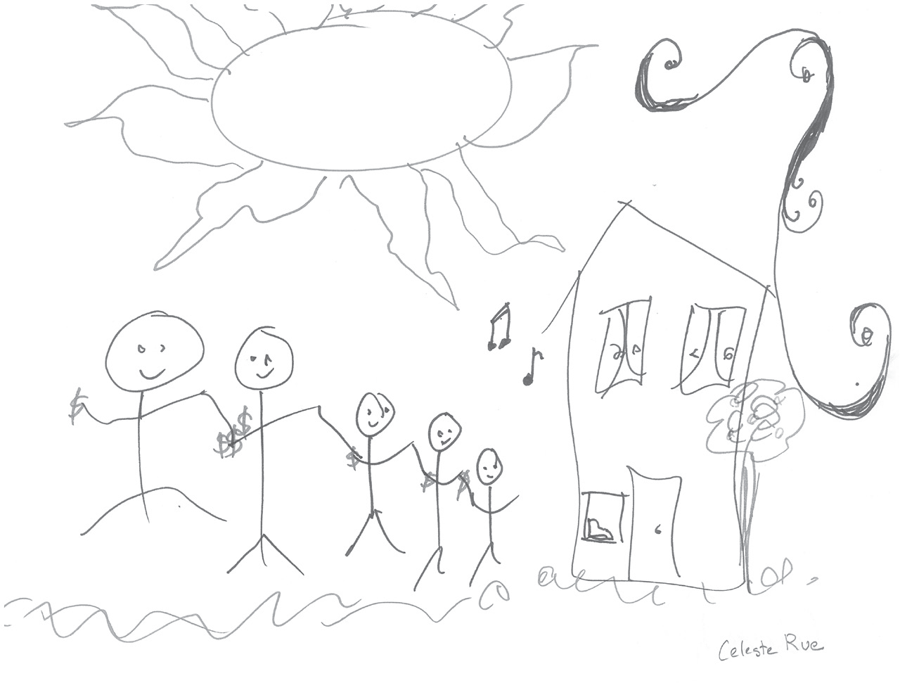 Five smiling stick figures (two larger, three smaller) representing a family holding hands, as well as dollar signs, next to a house flanked by musical notes and a flowering tree, under a large sun.