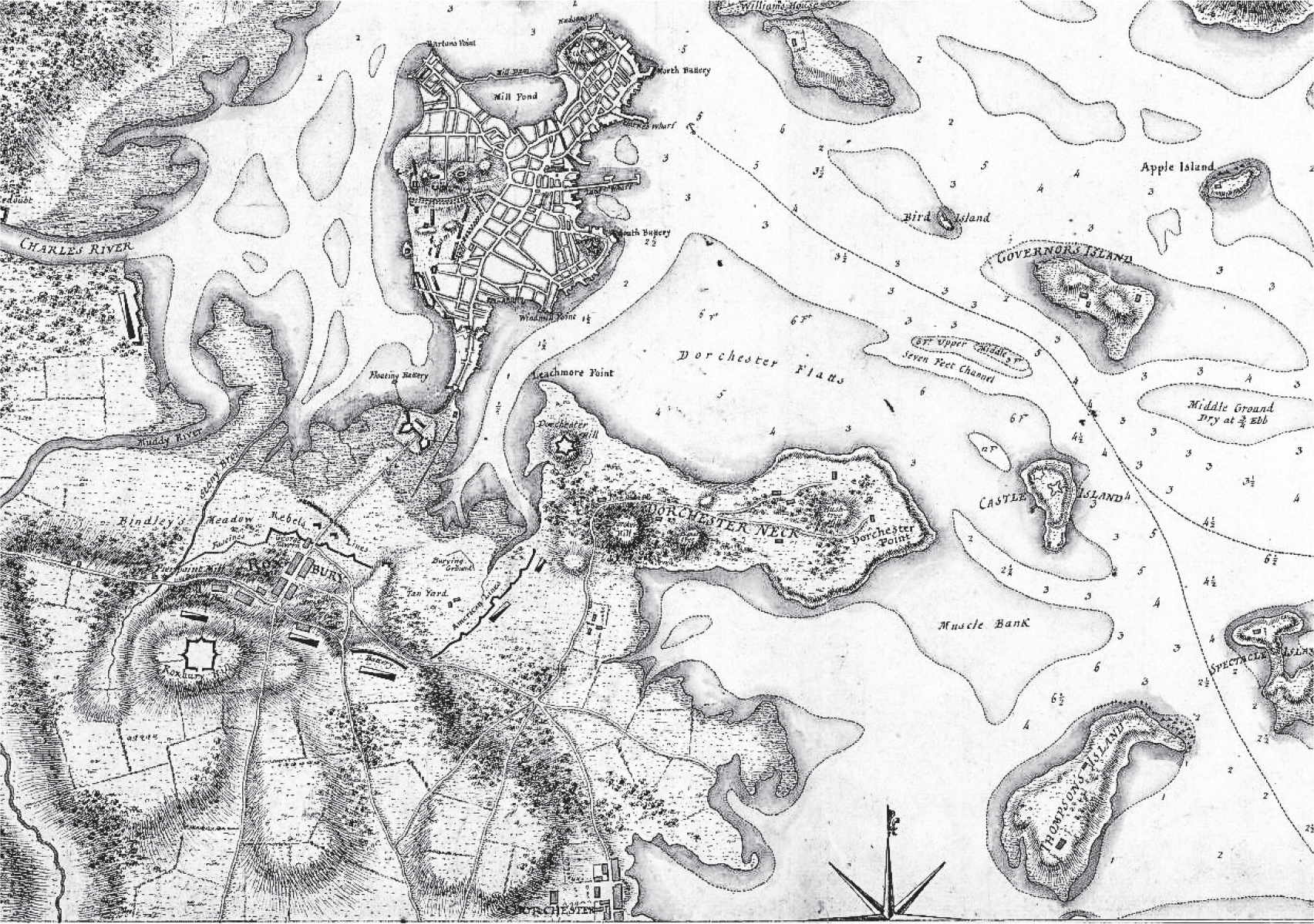 A map showing the shallow coast of Dorchester between Boston and Castle William.
