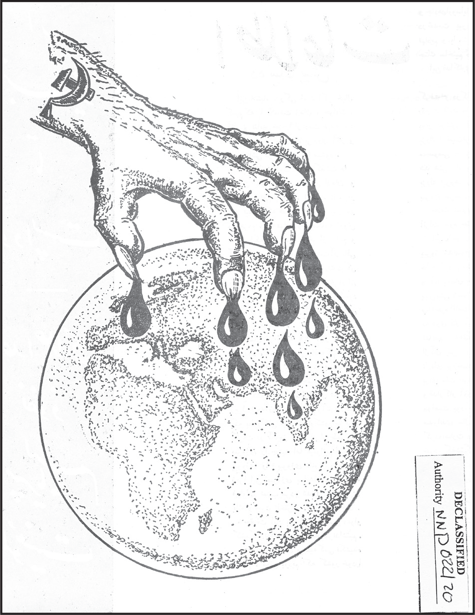 A ghoulish looking hand, with hammer-and-sickle tattoo and long fingernails, drips blood onto the whole of Eurasia—“from Tabriz to Budapest” and beyond. The image conveys American concerns about the global nature of “red” communism at the height of the Cold War.
