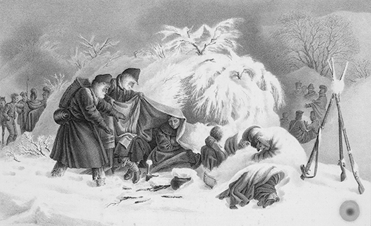 Figure E.1. The French army freezing to death, with several bodies under a snow drift, some soldiers attempting to protect others, and abandoned weapons nearby.