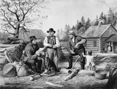 Three Adirondack men of the woods—a woodcutter, an older man, and a hunter brandishing a newspaper—debate the news. A little girl tugs on the pant leg of the woodcutter, and behind them, a woman waves from a farmhouse doorway.