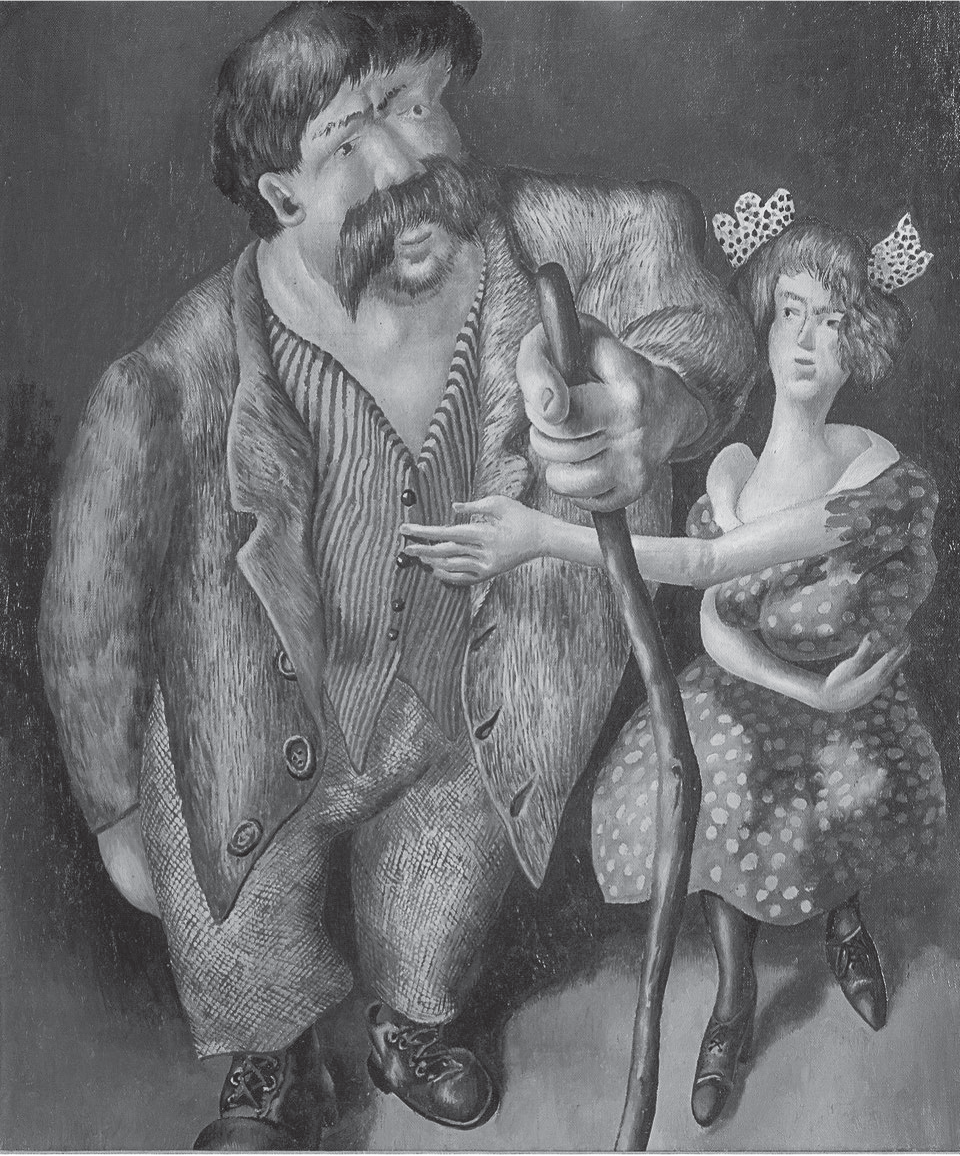 FIGURE 1. A married couple stand side by side against a dark background. He is much larger than she is and carries a staff in his prominent left fist. She cradles her bosom with her right arm, and with her elongated left arm reaches across, familiarly, and adjusts her husband’s waistcoat buttons.