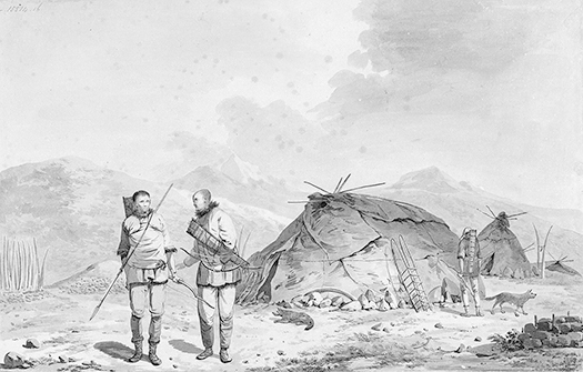 Figure 6.1. Two Chukchi hunters carrying bows and arrows and walking away from their settlement. The settlement depicts two tents, a fire pit, and two small animals in front.
