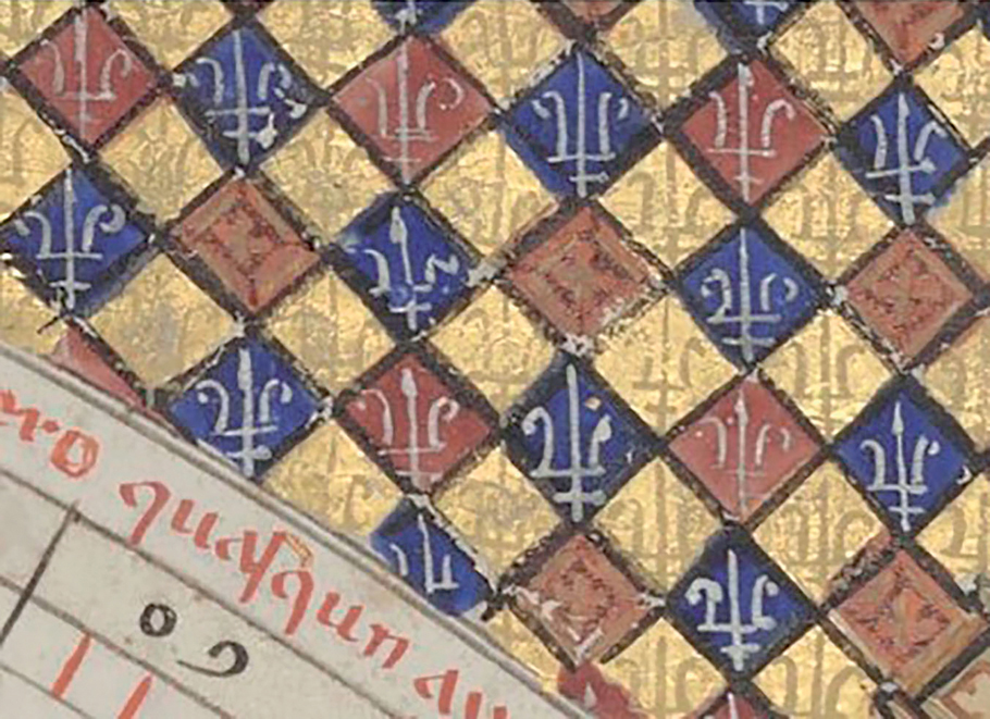 Figure 13. Detail of the Catalan Atlas. A checkerboard pattern of red, blue, and gold squares with a white fleur-de-lys in each square.