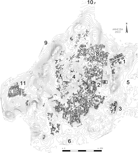 Figure 1.4. A plan of the Amheida/Trimithis (Dakhla Oasis) settlement with areas’ numbers indicated from 1–11.