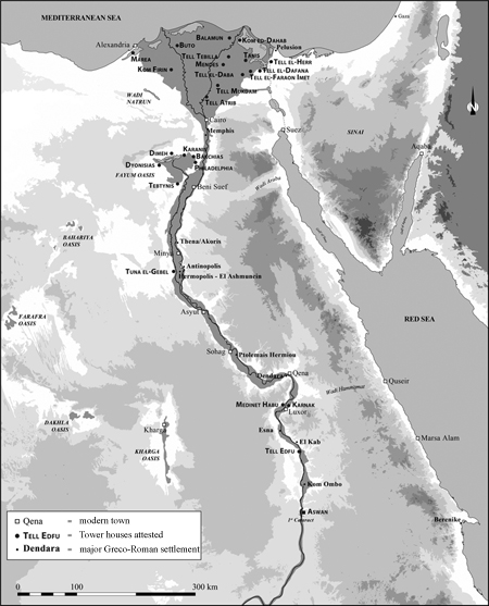 Figure 3.1. A map of Greco-Roman Egypt, showing the locations of tower houses attested by archaeological finds.