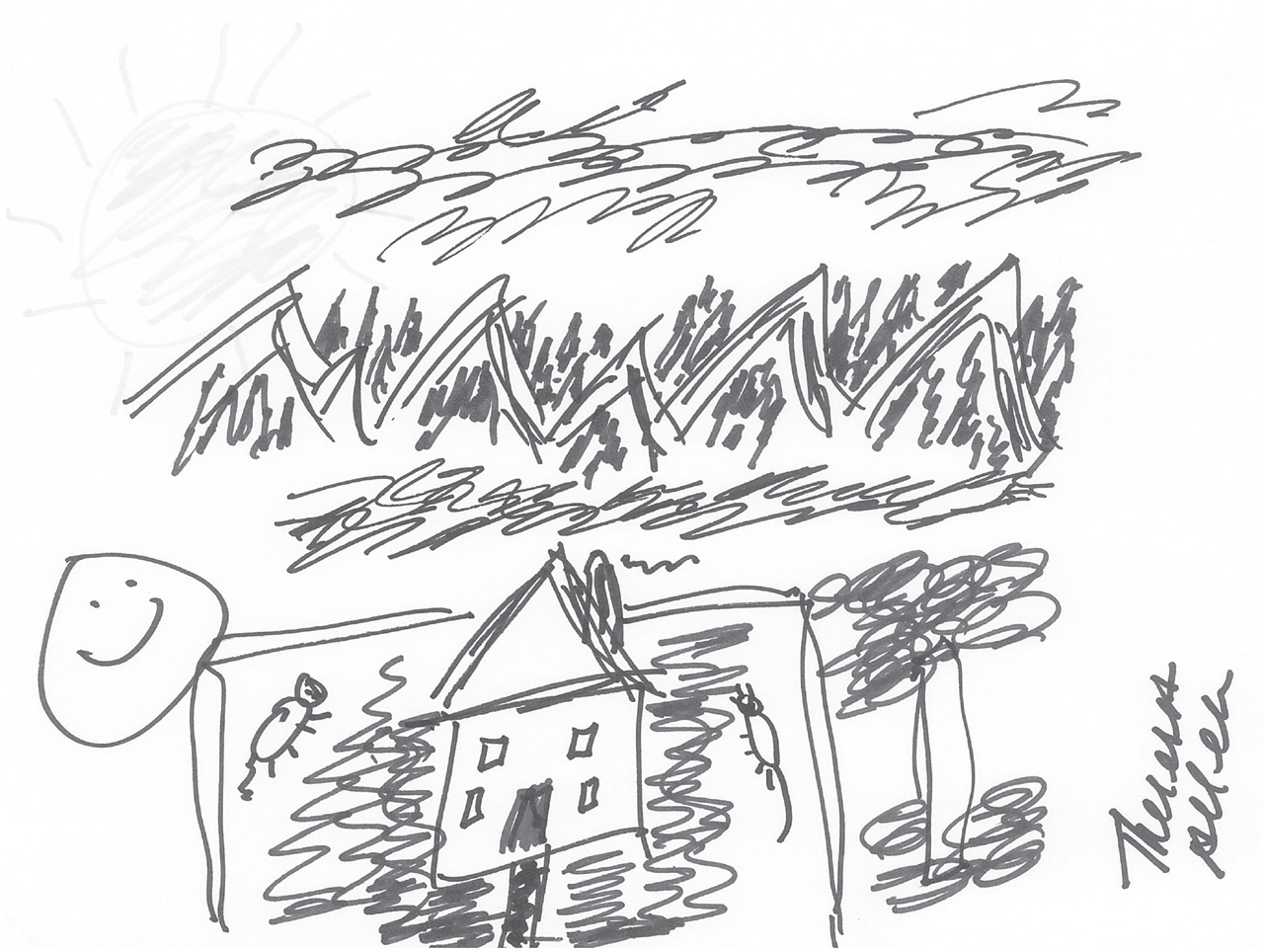 House with pets in a fenced yard, mountains in the background, a shining sun, and a large smiling face off to the side.