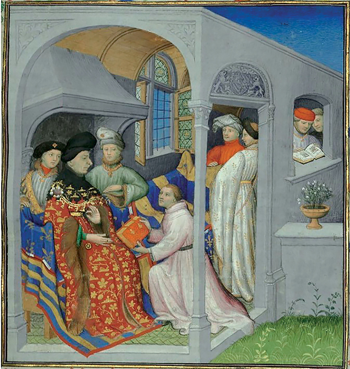 Figure 24. In a room with gray walls and a wooden roof, a figure (John the Fearless of Burgundy) wears a red and black robe and a black flop hat. He sits in a chair covered with a textile decorated with the royal arms of Burgundy (blue background, gold fleurs-de-lys, gold, blue, red, and white stripes). To the right, a monk (Hayton) kneels and presents a book to John. Six standing attendants are in the room; two in the background read a book.