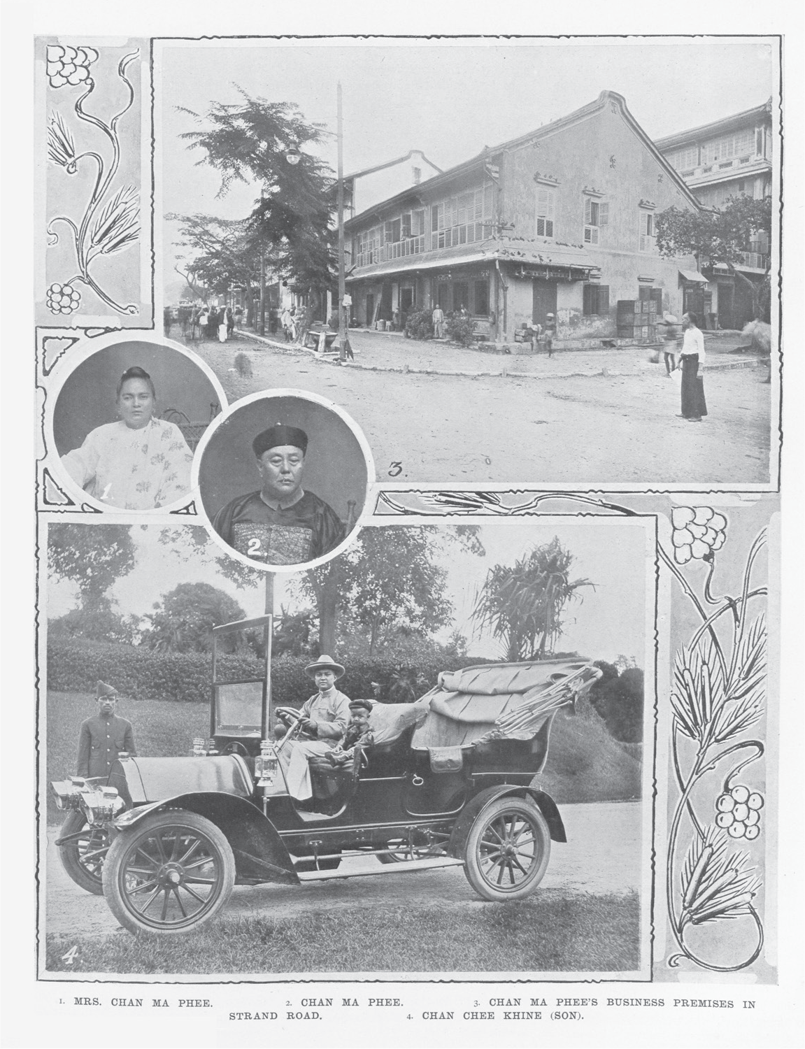 Chan Mah Phee, dressed in Chinese formal wear consisting of surcoat with an embroidered badge and black hat with a finial, is pictured with his wife Aye Mya, wearing a white Burmese blouse, shawl, and a pair of earrings and her hair coiled into the customary chignon known as sadohn. 