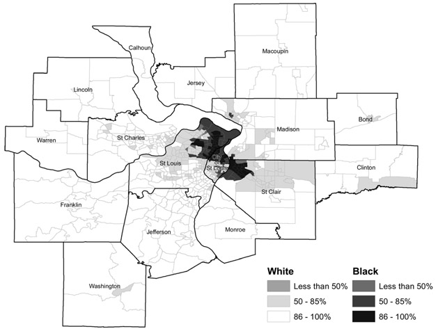 MAP 2.1 St. Louis city and the fifteen counties that make up the St. Louis metropolitan area. Areas that are less than 50 percent white or Black are color-coded according to the majority of a single race reported in that census tract. US Census data, 2013–17 American Community Survey. (Note: the author recognizes that the use of color, rather than black and white, is preferable when representing demographic information but was limited by the requirements of publication.) TIGER/Line shape files prepared by the US Census Bureau, 2018. Map by Alexis Sheehy.