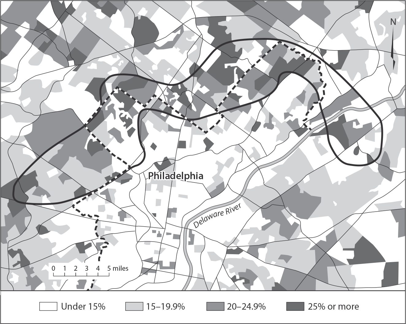 Figure 7.3: A map of Philadelphia and nearby suburbs, showing how naturally occurring retirement communities form a belt around the city, largely suburban except for Philadelphia’s far northeast.