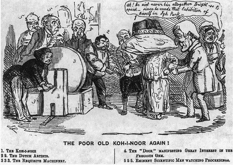 Figure 3.3. A maharaja with the head of the Koh-i-noor diamond is marched to the grindstone to represent the recutting of the diamond. A legend lists the points of interest in the image: the Koh-i-noor, the Dutch diamond cutters, the diamond polishing machine, the Duke of Wellington, and the “eminent scientific men watching [the] proceedings.”