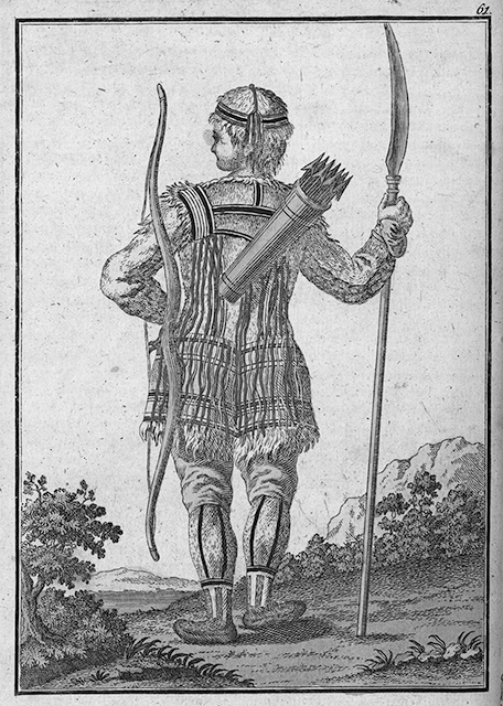 Figure 5.3. A Tungus man shown as a hunter in the countryside, carrying a bow and arrows and a spear and wearing red and white stripped robes.