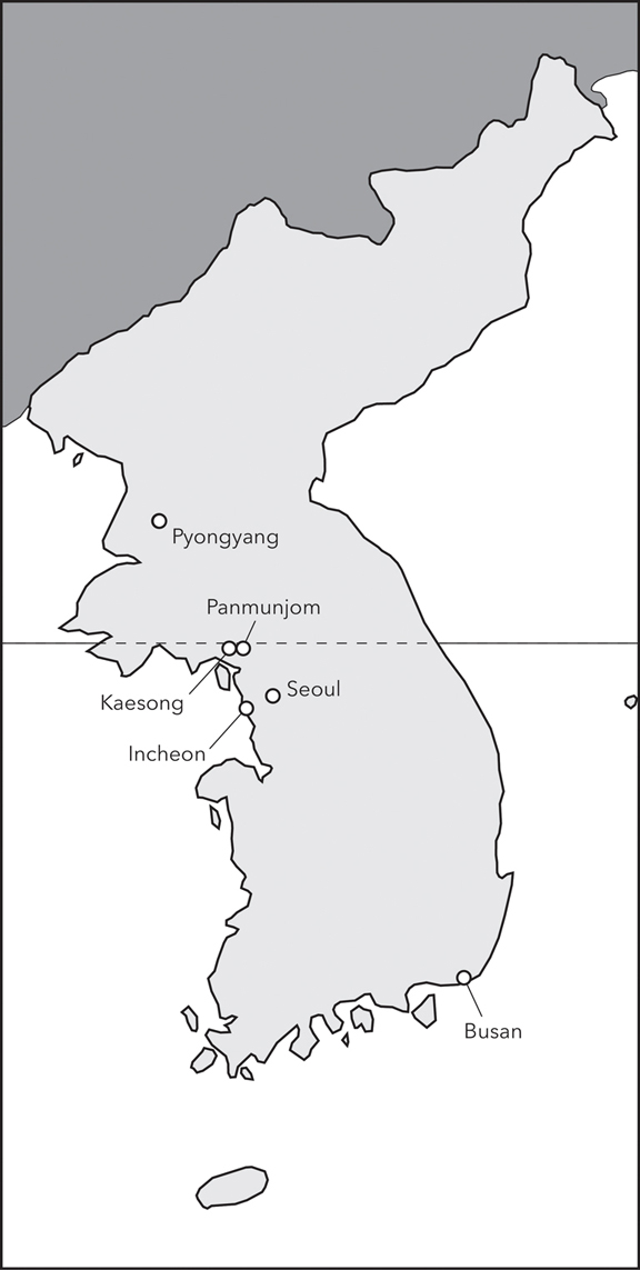 Figure 6.1. The thirty-eighth parallel divides the Korean peninsula. The North Korean capital of Pyongyang is on the northern side of the peninsula. The South Korean capital of Seoul is slightly below the thirty-eighth parallel. The coastal city of Incheon is to the west of Seoul. The port city of Busan is on the southeast tip of the peninsula. The city of Kaesong and the village of Panmunjom are very close to one another and sit just below the parallel.