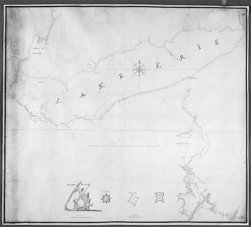 A map with Lake Erie at the top and showing the growth of French forts along the portage from Lake Erie to the forks of the Ohio River in the south. The French constructed forts at strategic locations along the portage, including Fort Presque Isle at Lake Erie, Fort Le Boeuf to the south at the headwaters of French Creek, Fort Venango (French Fort Machault) at the confluence of French Creek and the Allegheny River, and Fort Pitt (French Fort DuQuesne) at the fork of the Ohio River.