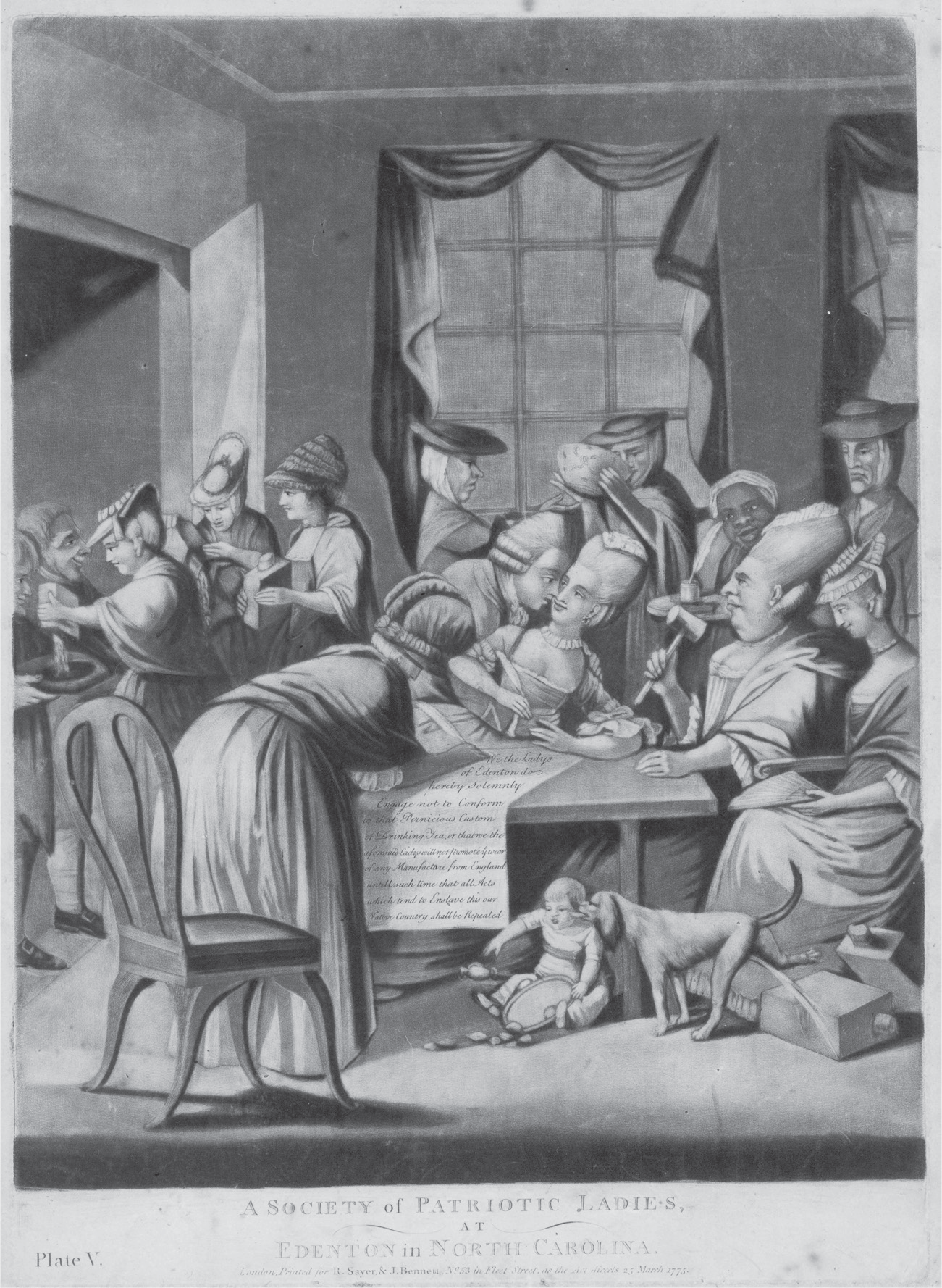 A cartoon satirizing the idea of women signing a tea boycott.