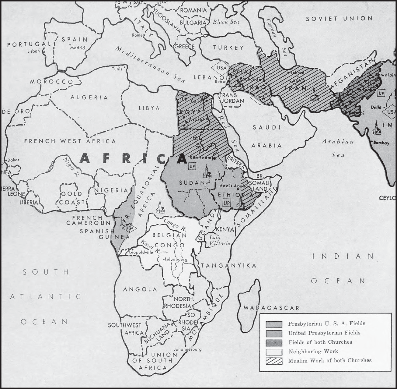 PCUSA mission fields in orange include the countries of the Levant, along with Iraq, Iran, and India. United Presbyterian mission fields in red include Egypt, Sudan, and Ethiopia. The shared mission field in Pakistan is in blue. The image conveys the imperial and sectarian nature of American missionary work.