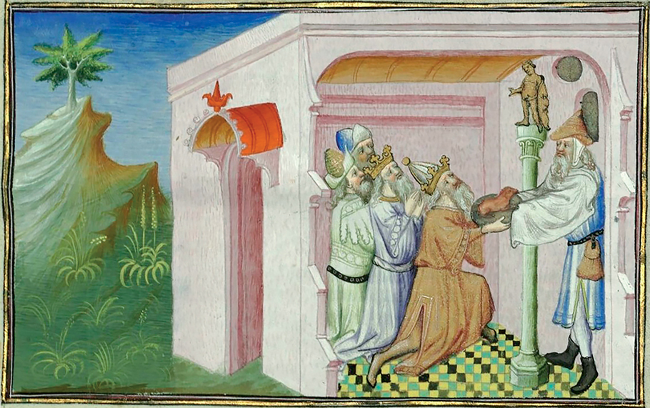 Figure 22. In a pink room, four robed and bearded men, two of them crowned, kneel before a gold statue of a naked man with a shield placed atop a column. On the right, a standing man hands the rightmost kneeling figure a plate on which is a small animal.