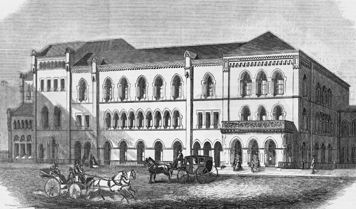 Figure 2.7. Expensive carriages drive by the newly built Moorish- and Gothic-style Brooklyn Academy of Music.