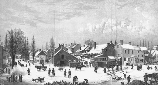 Figure 1.2. The village core, covered with snow, and about three dozen villagers at work or in conversation.