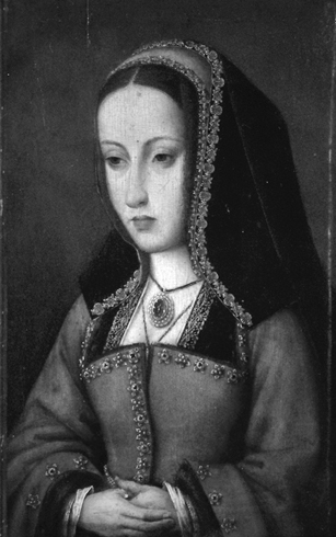 A young lady with pale features dressed in a medium-cut aristocratic dress, a red pendant hanging on her chest, and a large and richly embroidered wimple on her head gazes slightly downwards and left with a blank expression.
