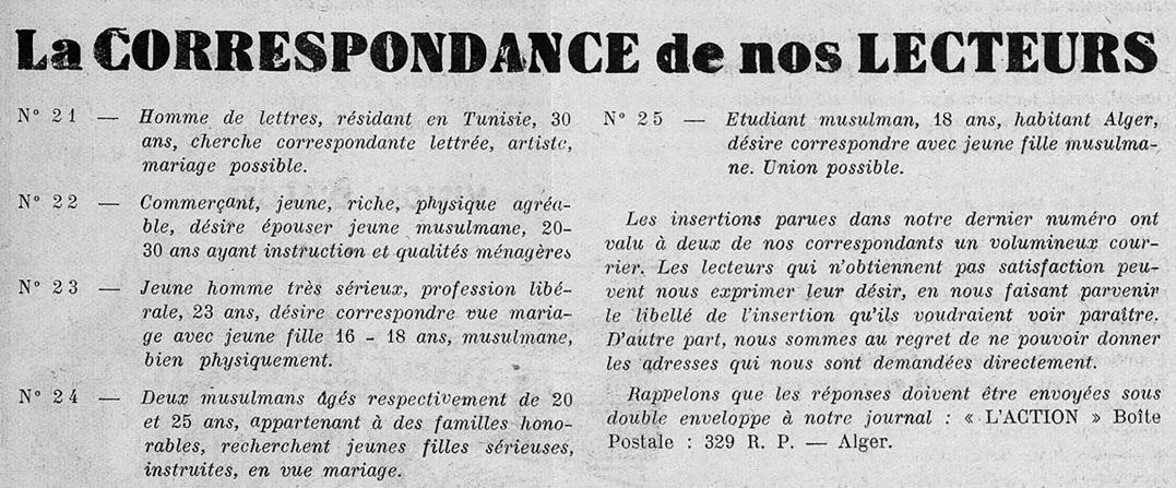 Figure 6.5. A list of five personal advertisements (titled La Correspondance de nos Lectuers) written by men describing their ideal women.