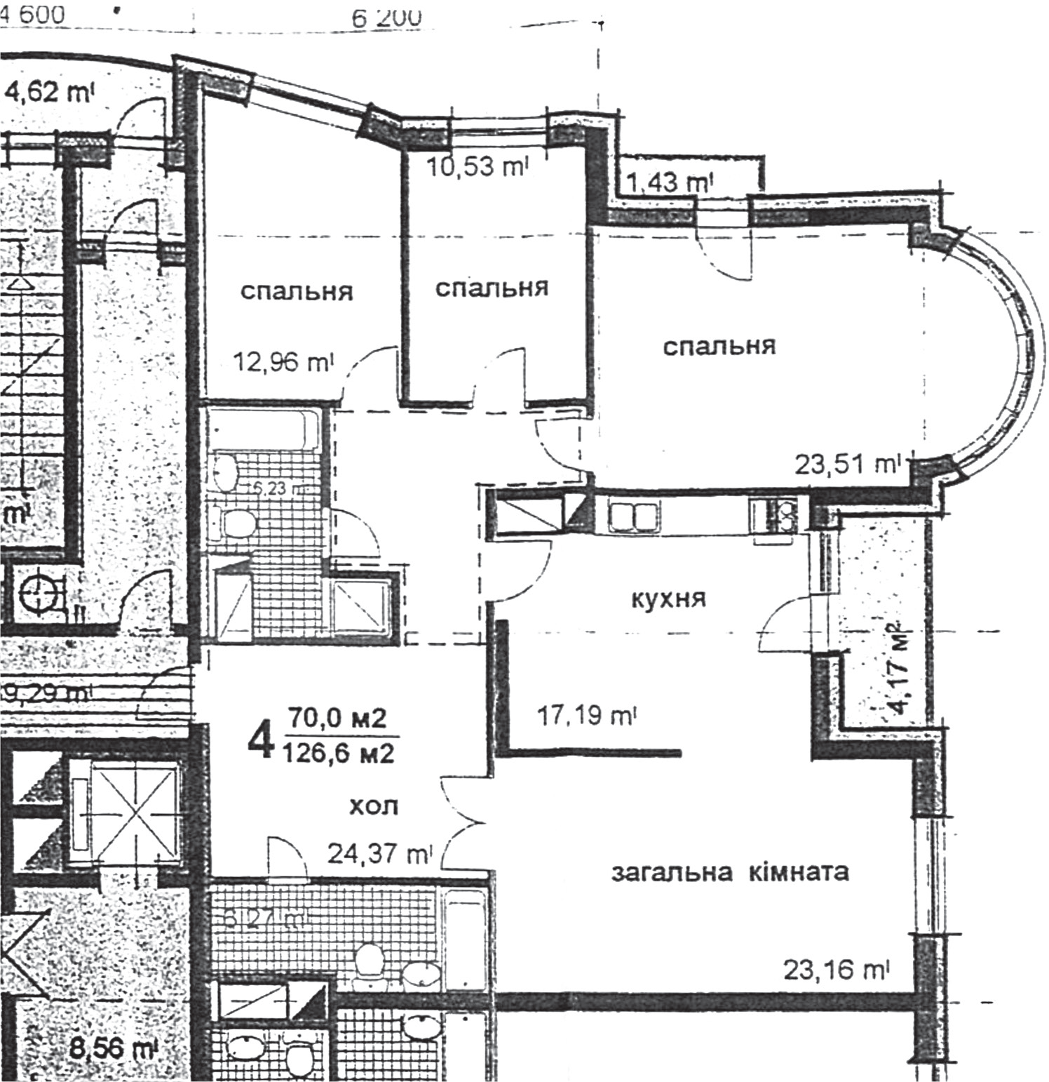 Apartment building home with two bathrooms.