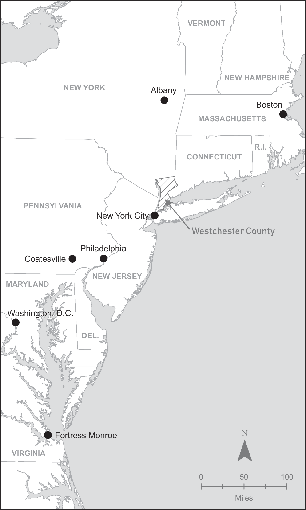 The eastern seaboard states from Virginia to southern New England contain several sites where members of the Jay family lived, worked, or engaged key correspondents and significant events. These include, from south to north, Fortress Monroe, Virginia; Washington, D.C.; Philadelphia; Coatesville, Pennsylvania; New York City, Albany; and Boston.