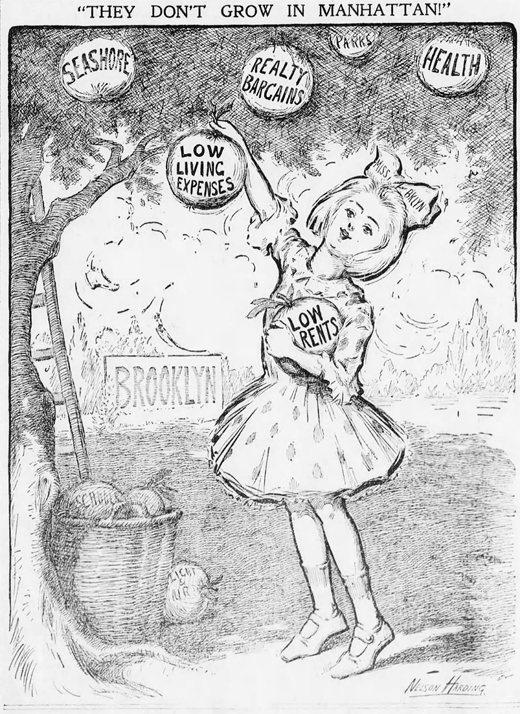 Frontispiece. A newspaper cartoon features Miss Brooklyn, a young girl, picking fruit labeled “Health,” “Seashore,” “Low Rents,” and other good things from a tree. The title of the cartoon is “They Don’t Grow in Manhattan!”