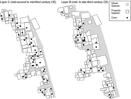 Figure 2.6. Two panels indicating interproperty access points, with bread ovens indicated by black dots.