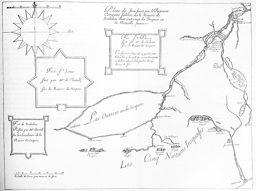 Map from a Jesuit missionary showing Lake Ontario, Lake Champlain, the Mohawk River, the Saint Lawrence River, and the Onondaga River, which lead to western Haudenosaunee villages. The missionary located Mohawk communities on the south side of the Mohawk River and the proposed sites for French forts.