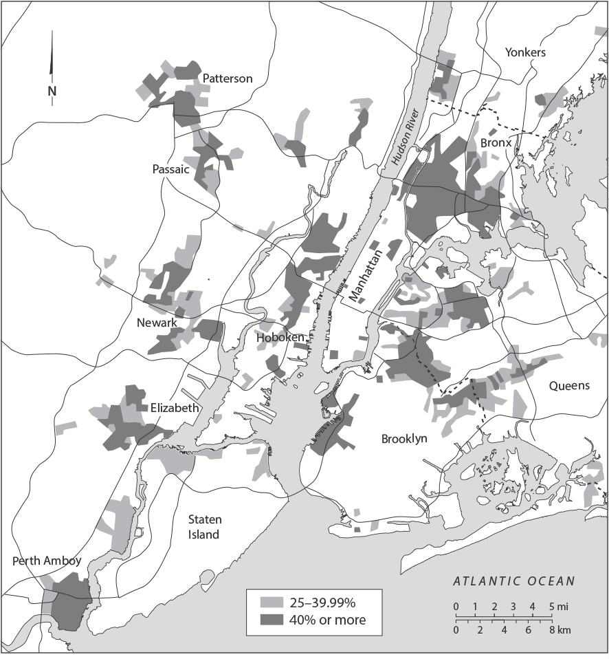 Figure 7.5: A map showing concentrations of Latinx population in Northern New Jersey in 2000. In 2000, the population is largely concentrated in a small number of central cities.