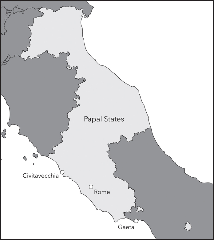 Figure 4.3. The map shows that the Papal States existed on the northern side of the current-day Italian peninsula. The capital city of Rome sits near the southern end of the Papal States. The coastal city of Civitavecchia is to the west-northwest of Rome. The coastal city of Gaeta is to the southeast of Rome and is part of the neighboring Kingdom of Two Sicilies.