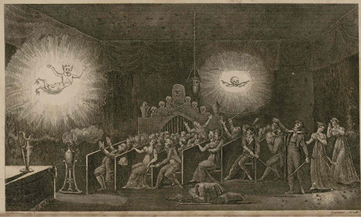 Figure 4.2. A demon and winged skull hover in a dark, funereal room, each in the center of orbs of light. Below them, terrified audience members sit in pews, and a few stand in the back. Several men have drawn their swords, the women hide their eyes or turn away from the sight, and one man has collapsed in fear.