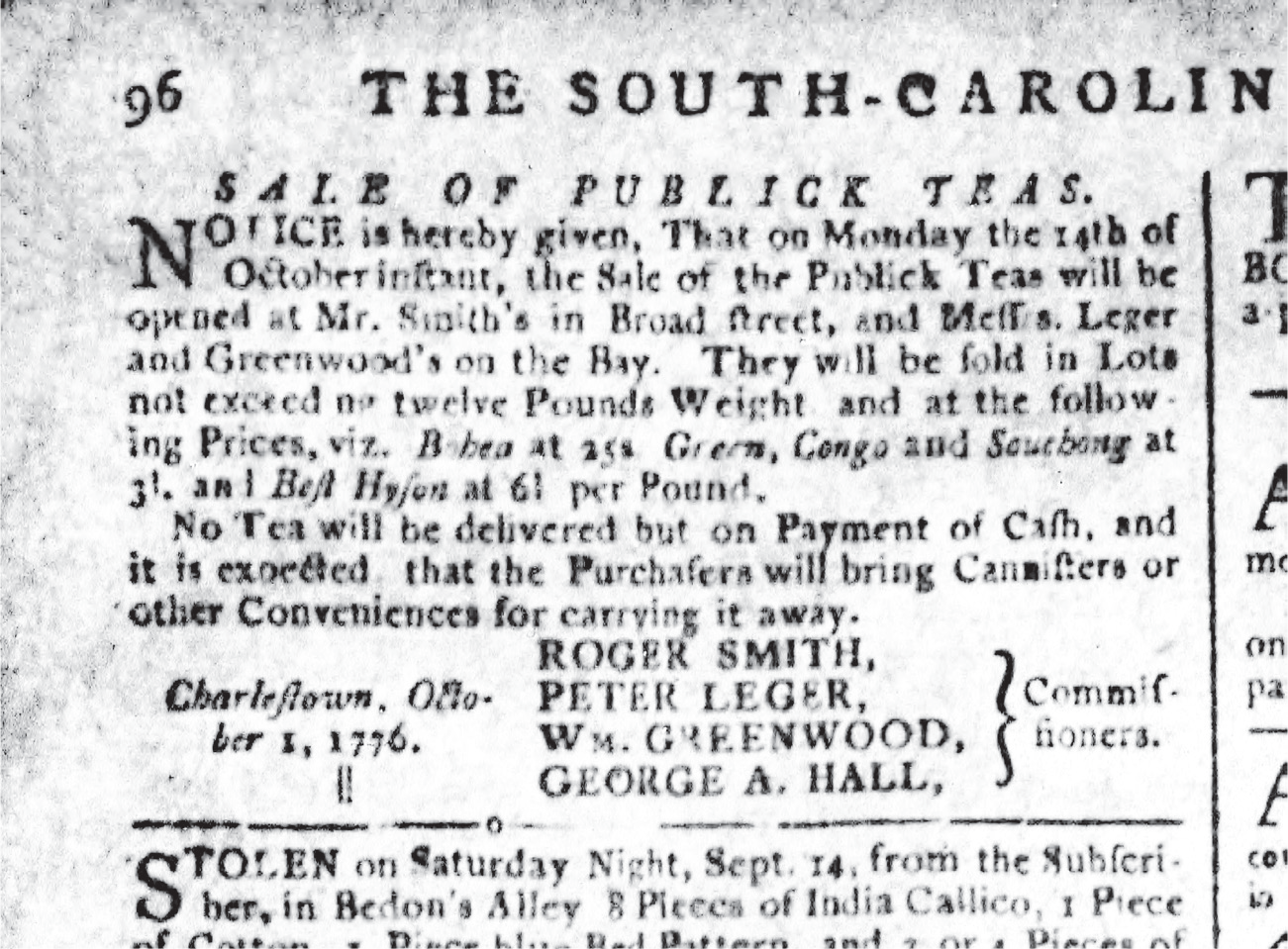 An advertisement for selling the old East India Company tea in Charleston.