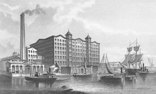 Figure 5.1. A sugar refinery towers over the East River like a “Rhenish castle.” Smoke rises from a chimney on the left. Several craft are on the river.