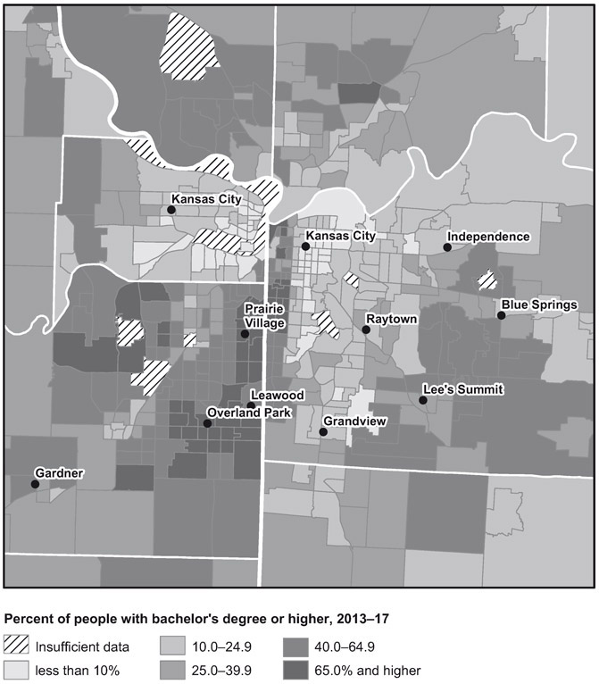 Percent of people with bachelor's degree or higher, 2013–17 Source: U.S. Census Bureau, 2013–2017 American Community Survey. MAP E.3 Metropolitan location of college-educated adults (age twenty-five or older), 2013–2017 census tract averages (American Community Survey)