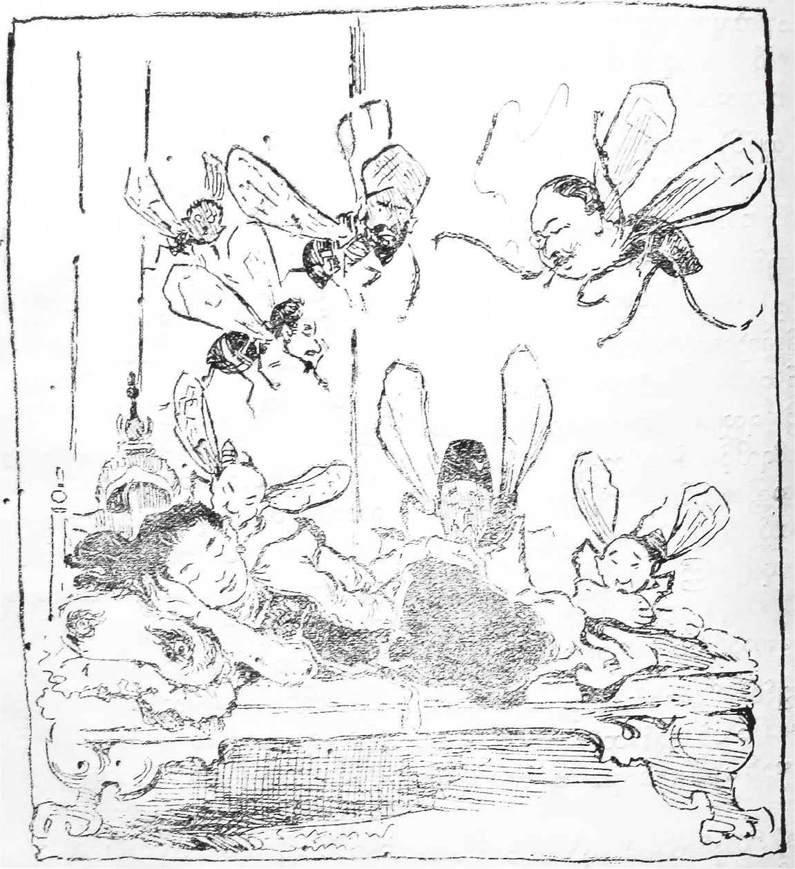 A group of foreign men are depicted as mosquitoes swarming over and feeding off the body of a Burmese woman who sleeps peacefully on her side.