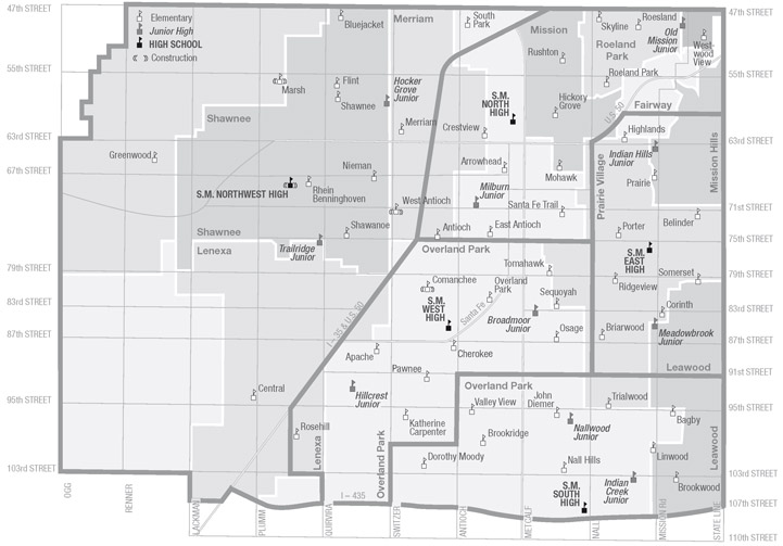 MAP 5.1 Communities and schools upon formation of the Shawnee Mission District, 1971. Heavy lines demarcate high school attendance areas, reflecting the more sparsely populated communities to the west.