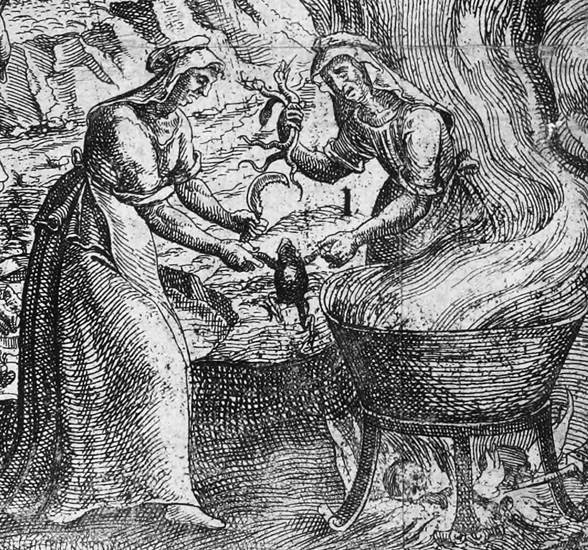 Figure 4.2. Two women stand over a boiling cauldron holding the arms of a toad. One woman grips the toad in one hand and a scythe in the other. She is about to skin the toad, while the other woman holds snakes in her other hand, also bound for the cauldron.